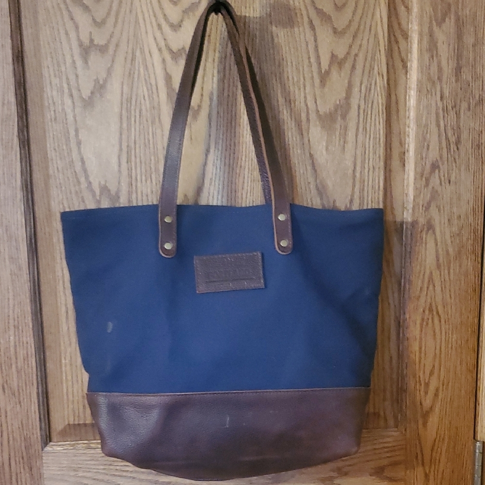 Portland Leather Goods Canvas And Leather Navy and Brown Tote Bag